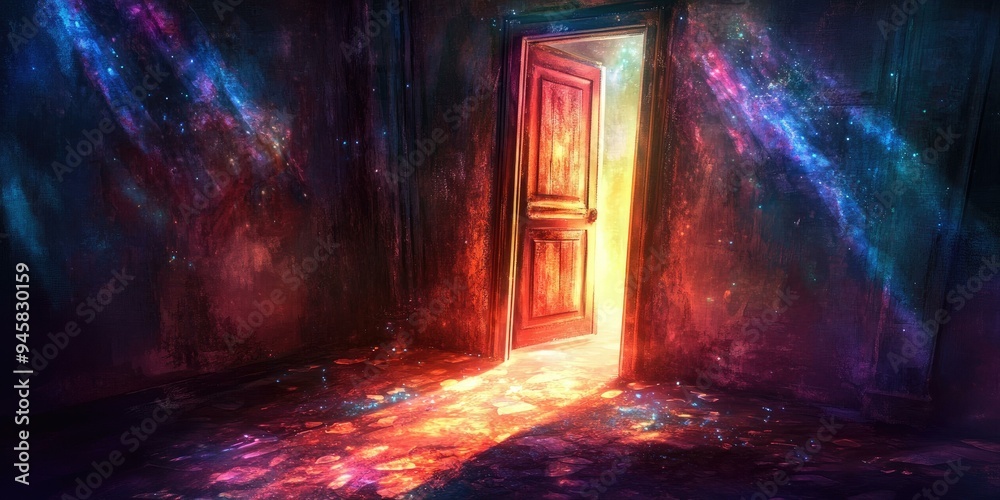 Fototapeta premium Open door to glowing galaxy in room.