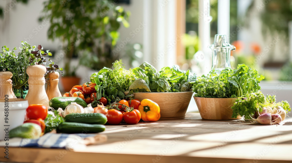 Fresh vegetables and herbs displayed on a wooden kitchen table in bright natural light, showcasing colorful produce and kitchen accessories
