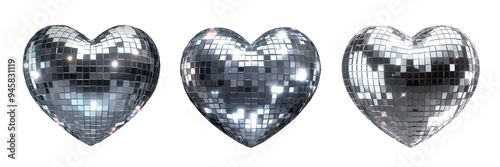 Disco mirror heart 3D icons isolated. Reflective heart shaped disco ball made of mirror tiles. design elements. Ai generative photo