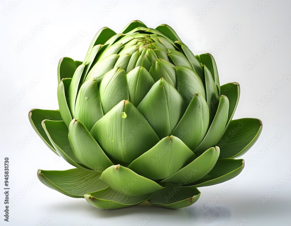 A close-up of a green artichoke with detailed, layered leaves, displayed on a white background A close-up of a green artichoke with detailed, layered leaves, displayed on a white background