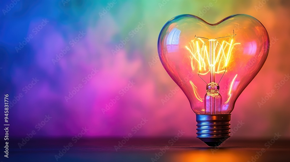 Bright heart light bulb against a rainbow backdrop, perfect for a love-themed design with room for text. Bright heart light bulb against a rainbow backdrop, perfect for a love-themed design with room for text.