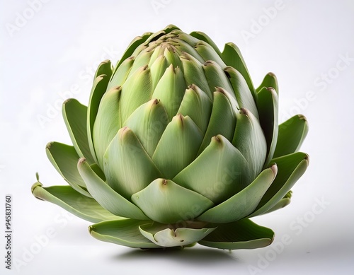 A close-up of a green artichoke with detailed, layered leaves, displayed on a white background