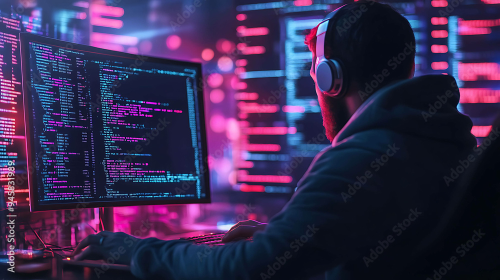 A man in headphones sits at a computer, coding in a dark room with colorful lighting. A man in headphones sits at a computer, coding in a dark room with colorful lighting.