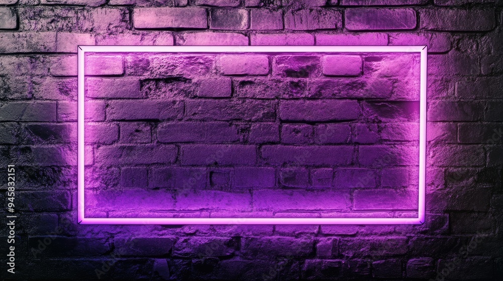 Bright neon rectangle frame, glowing purple on a textured brick wall, lighting up the screen. Bright neon rectangle frame, glowing purple on a textured brick wall, lighting up the screen.