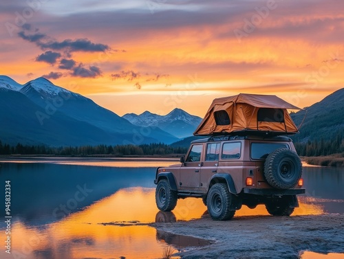 photo of a off-road vehicle with rooftop tent in the mountains near lake 