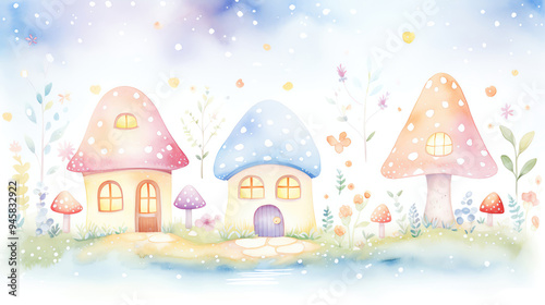 Watercolor Illustration of Cute Mushroom Houses in a Magical Forest.