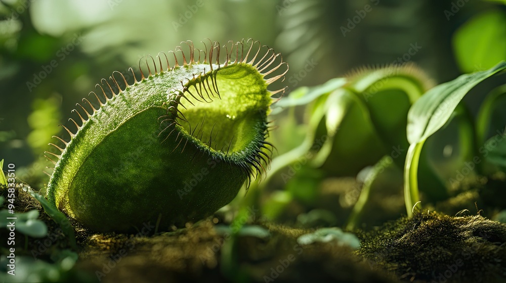 Carnivorous flycatcher plant, detailed view of green leaves and trap, perfect for nature-themed visuals. Carnivorous flycatcher plant, detailed view of green leaves and trap, perfect for nature-themed visuals.