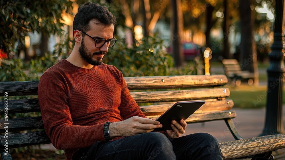 Fototapeta premium Man reading on a digital tablet while sitting on a park bench in a casual setting.