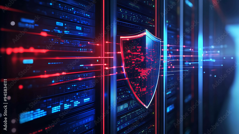 A digital shield protects a server rack from cyberattacks. A digital shield protects a server rack from cyberattacks.
