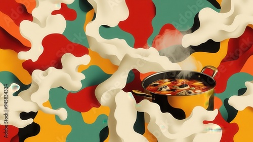 A vibrant stew simmering away, filling the air with delicious aromas amidst a colorful, abstract backdrop. photo