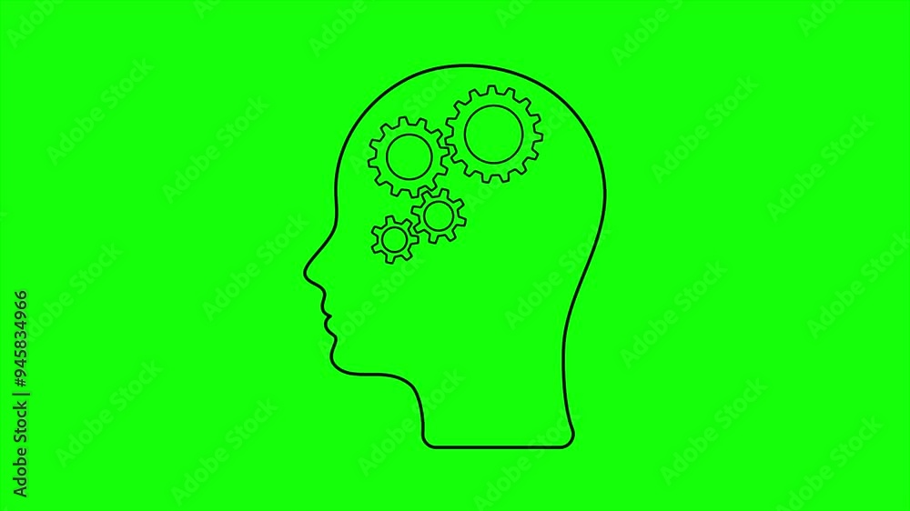 Human head and rotating gears inside. Technological diagram of engineering gears inside the brain, artificial intelligence. Human head mind thinking. Outline animation on green background Human head and rotating gears inside. Technological diagram of engineering gears inside the brain, artificial intelligence. Human head mind thinking. Outline animation on green background