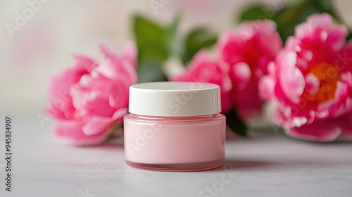 Pink Cream Jar with Peony Flowers on a Grey Table, Soft and Romantic Beauty Concept