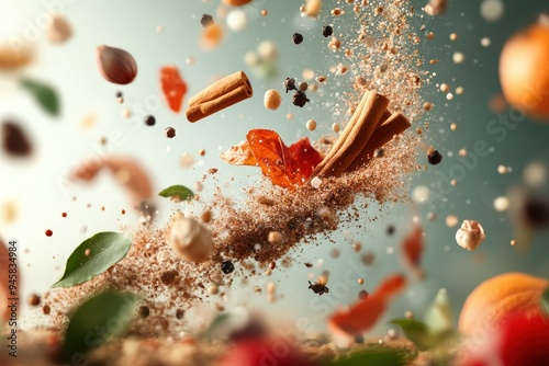 A Whirlwind of Flavors: Captivating Artistic Display of Fall Spices and Ingredients in Motion photo