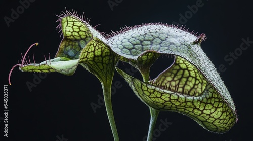 Close-up of a carnivorous flycatcher plant with green leaves, showcasing its unique trapping mechanism. photo