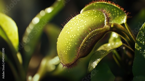 Close-up of a carnivorous flycatcher plant with green leaves, showcasing its unique trapping mechanism. photo