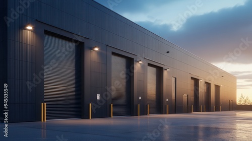 Modern Warehouse Exterior with Gray Steel Walls and Large Garage Doors - Photorealistic View at Golden Hour. AI generated illustration