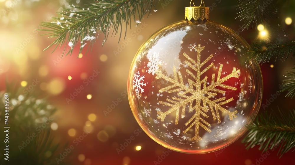 A transparent Christmas ball with a snowflake inside, luxurious gold illustration. Merry Christmas and Happy New Year red banner with pine green branches. Not AI generated. A transparent Christmas ball with a snowflake inside, luxurious gold illustration. Merry Christmas and Happy New Year red banner with pine green branches. Not AI generated.
