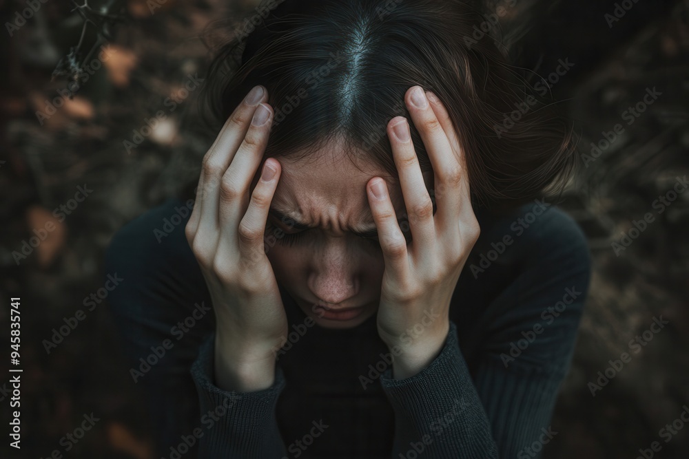 A woman sits with her eyes closed and hands on her head, showing signs of stress and anxiety in a tranquil outdoor environment. Generative AI A woman sits with her eyes closed and hands on her head, showing signs of stress and anxiety in a tranquil outdoor environment. Generative AI
