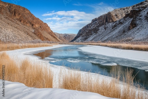 Snow-covered Colorado River near Fruita in winter photo