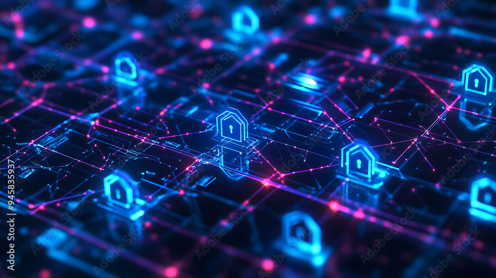 Abstract digital network with glowing blue security icons. Abstract digital network with glowing blue security icons.
