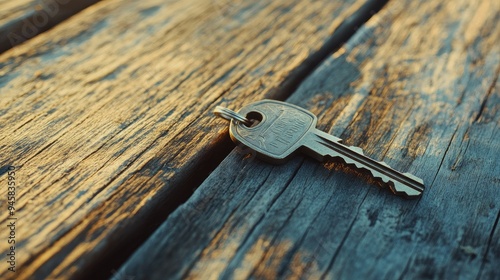 Close-up of a house key lying on a grained wooden board, symbolizing the purchase of a new home with a rustic touch.