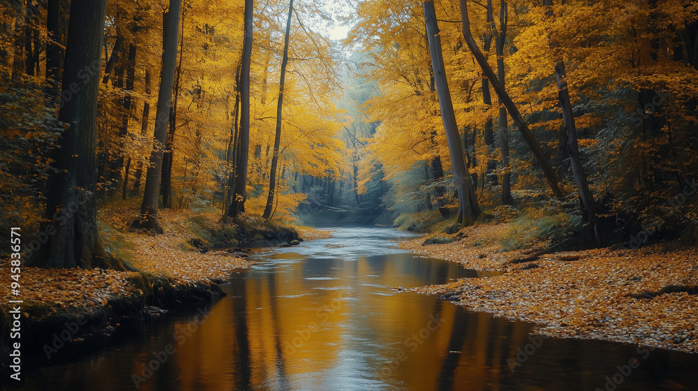 Obraz premium A peaceful river winding through a dense autumn forest, leaves turning golden