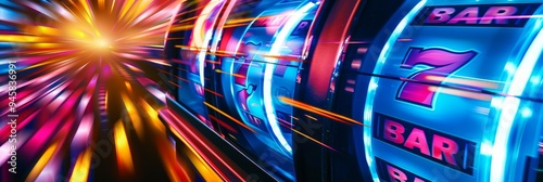Slot machine reels spinning rapidly, blurred by speed, symbolizing chance, luck, risk, excitement, and the pursuit of winning.