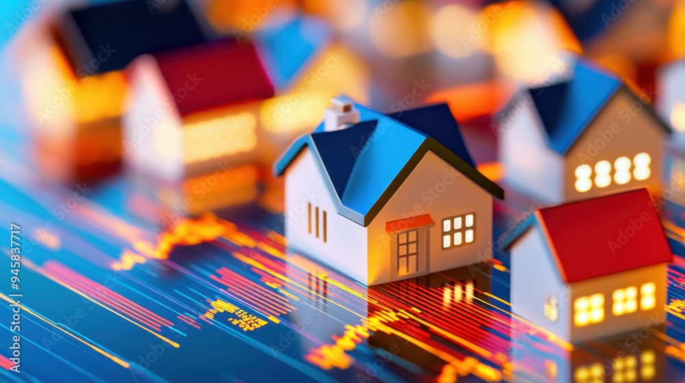 Miniature houses arranged on a futuristic digital surface, illuminated by glowing lines representing real estate market data and trends Miniature houses arranged on a futuristic digital surface, illuminated by glowing lines representing real estate market data and trends