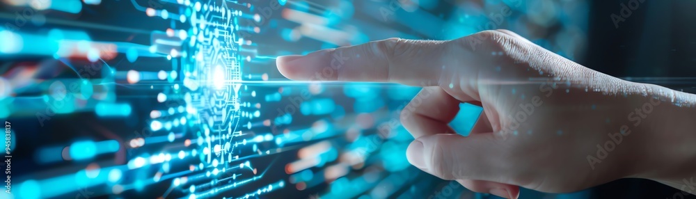 Close-up of hand touching digital interface with holographic data points and connections, symbolizing modern technology and innovation.