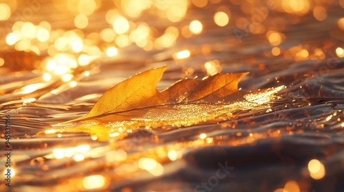 Sparkling Golden Leaves Floating on Water with Clear Veins and Undulating Ripples - Minimalist Design with Transparent Water. AI generated illustration