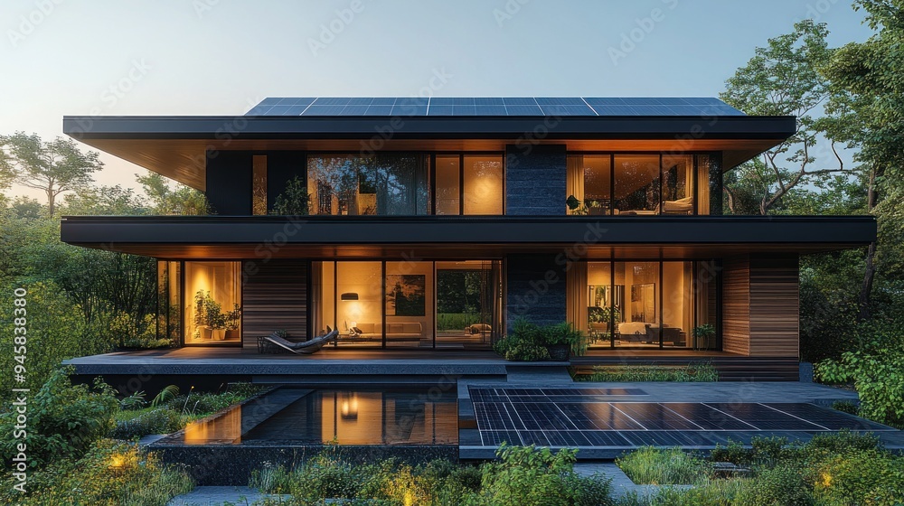 Modern house with swimming pool and solar panels Modern house with swimming pool and solar panels