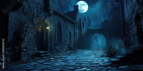 Cobblestone street in a medieval town under moonlight.