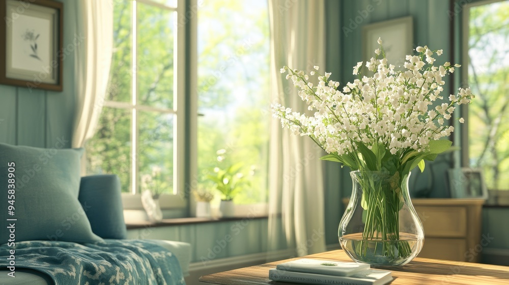 Cozy living room interior with a vase of Lily of the Valley flowers on display. Cozy living room interior with a vase of Lily of the Valley flowers on display.