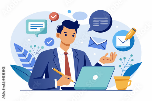 Written communication, writing email skill to success, communicate with text or message, understanding or effective handwriting manuscript concept, businessman writing message on speech bubble.
