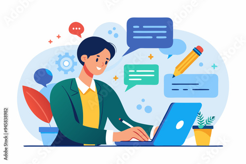 Written communication, writing email skill to success, communicate with text or message, understanding or effective handwriting manuscript concept, businessman writing message on speech bubble.
