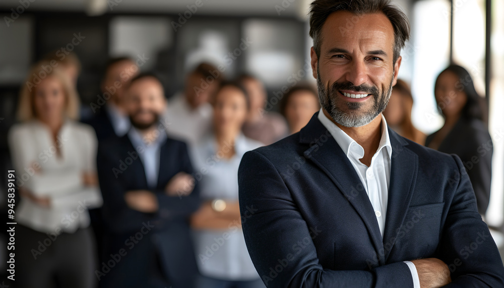Smiling business man leader standing in office at team meeting, Smiling business man leader standing in office at team meeting,