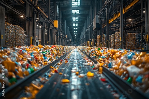 The interior of an industrial plastic waste recycling plant with a wide-angle lens, focusing on the conveyor belt collecting and installing garbage. Generative AI photo