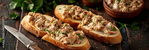 Three slices of toasted baguette topped with homemade rillettes, a French meat spread, garnished with fresh parsley. The rillettes are rich, flavorful, and spreadable, making them a perfect appetizer 