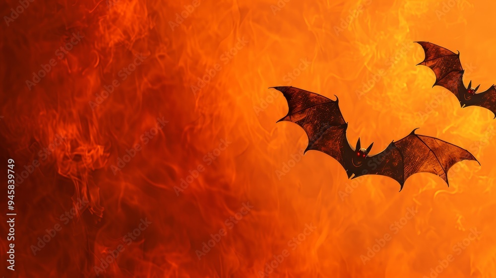 Fototapeta premium Two bats silhouetted against a fiery orange background, symbolizing Halloween, darkness, mystery, flight, and the unknown.