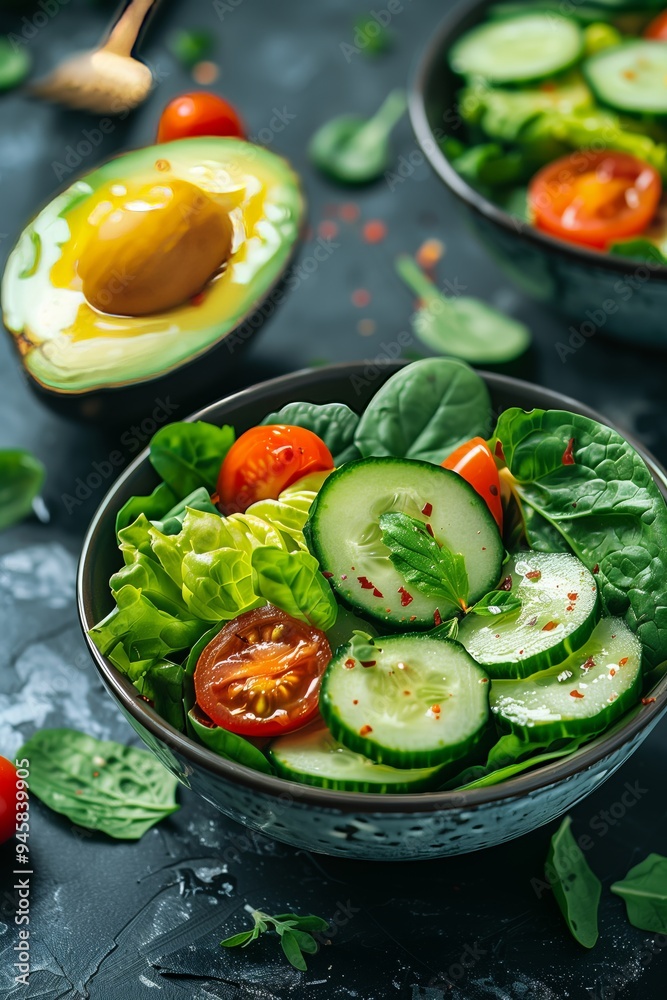 Fresh salad featuring cucumbers, tomatoes, and avocado prepared in a bowl on a dark surface with green leaves surrounding it Fresh salad featuring cucumbers, tomatoes, and avocado prepared in a bowl on a dark surface with green leaves surrounding it
