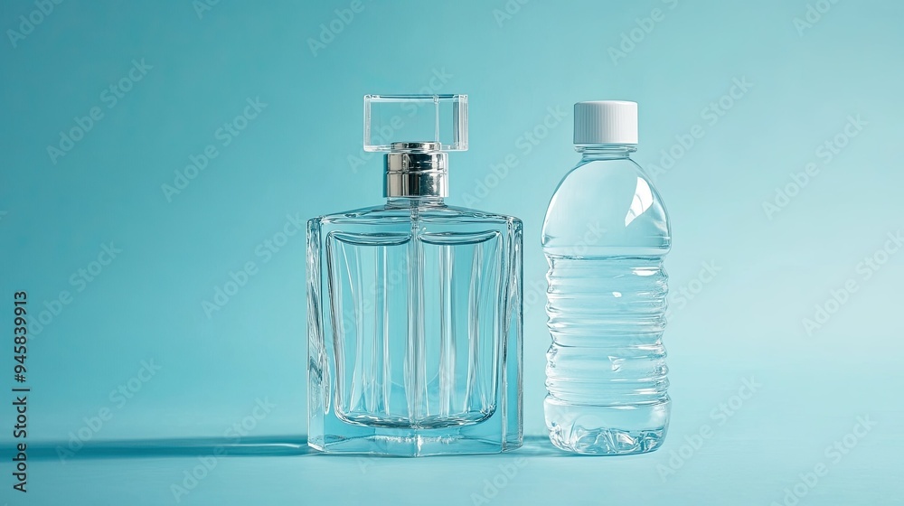 Crystal-clear perfume bottle alongside a water bottle, on a serene blue background. Crystal-clear perfume bottle alongside a water bottle, on a serene blue background.