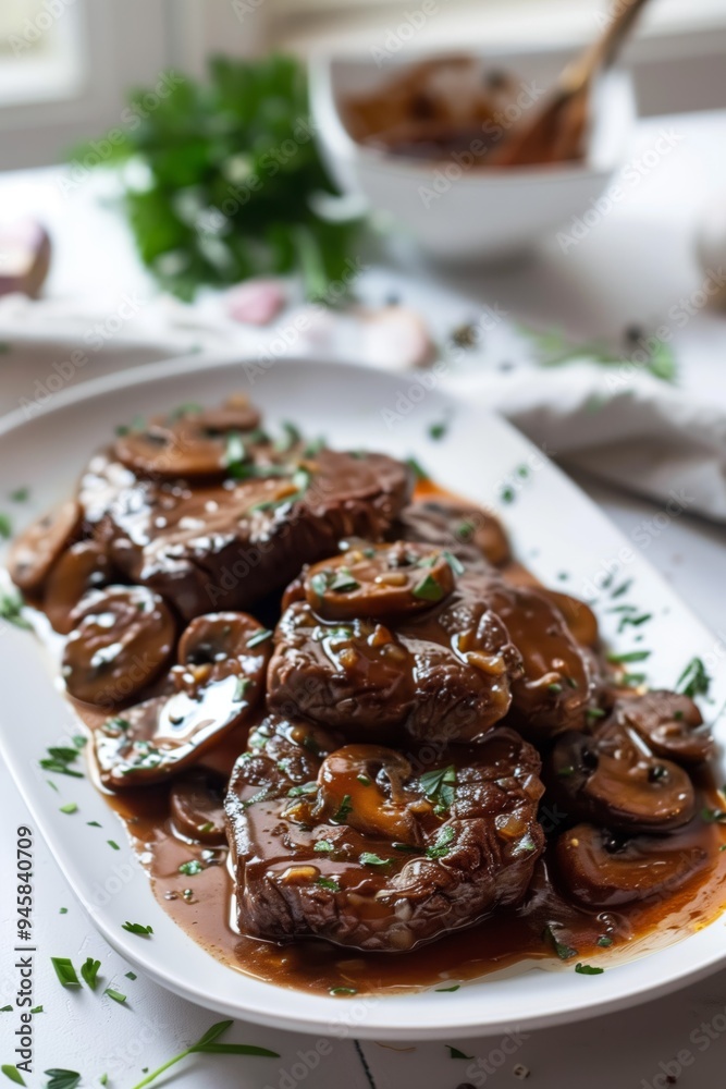 Tender beef steaks with mushrooms and savory sauce served on a white platter in a cozy kitchen setting Tender beef steaks with mushrooms and savory sauce served on a white platter in a cozy kitchen setting