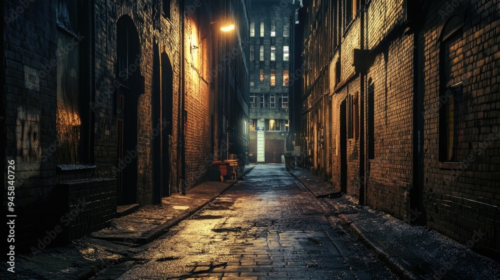 Obraz premium Dark urban alley with a hint of light, ideal for an atmospheric and edgy wallpaper.