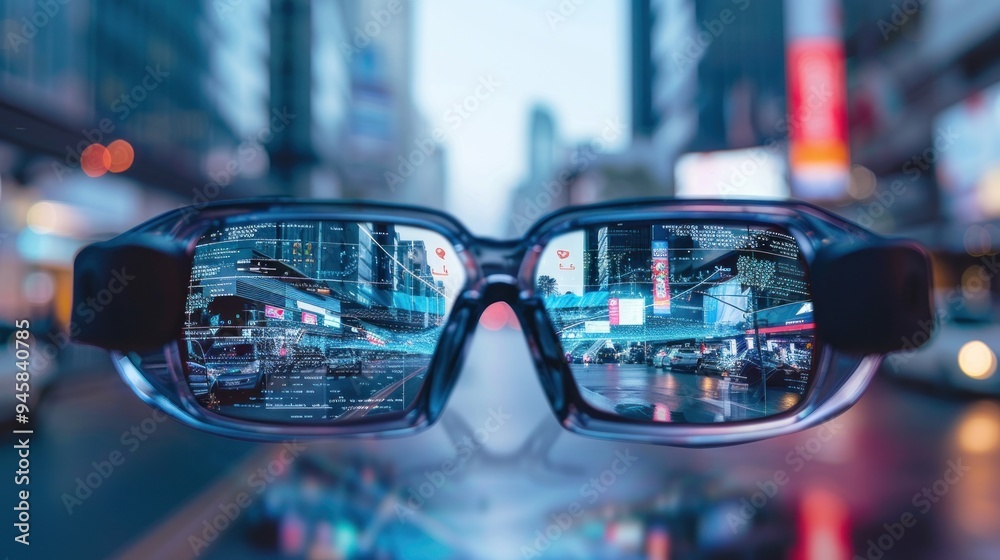 Futuristic Glasses Showing Augmented Reality Cityscape Futuristic Glasses Showing Augmented Reality Cityscape