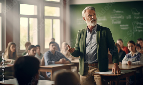 Professor, Teacher Man 55 years old with grey hair giving a lecture at university  in big classroom at high school before many sitting students, Expert Does Motivational Talk.