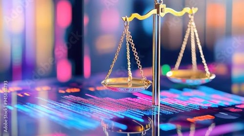 Balance scales positioned on a glossy surface with digital data visualization elements in a colorful, modern environment