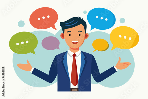 Verbal or oral communication skill, storytelling or explanation, public speaking, talking or discussion, telling message or speech concept, confidence businessman talking with multiple speech bubbles.