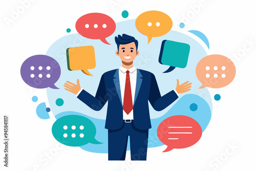 Verbal or oral communication skill, storytelling or explanation, public speaking, talking or discussion, telling message or speech concept, confidence businessman talking with multiple speech bubbles.