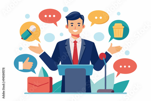 Verbal or oral communication skill, storytelling or explanation, public speaking, talking or discussion, telling message or speech concept, confidence businessman talking with multiple speech bubbles.