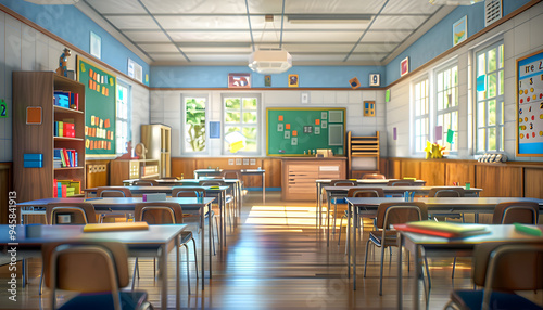 School classroom stands ready, filled with anticipation before the start of a new school year. Desks are neatly arranged, and fresh supplies await eager students, setting the stage for new beginnings. photo